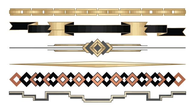 Art Deco decorative borders and dividers set, luxury gold and black geometric vector elements, vintage 1920s style ornamental lines for invitations isolated on White Background BlackFriday