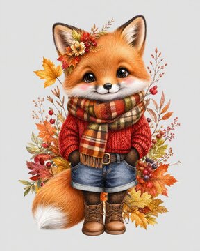 Charming fox character dressed in a sweater and scarf amid autumn foliage.