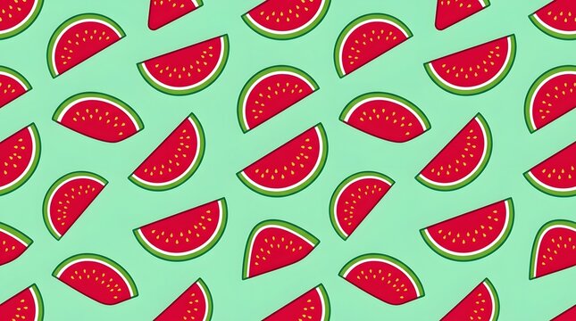 Vibrant watermelon slice pattern on mint green background, seamless summer fruit illustration, fresh red melon wedges with black seeds