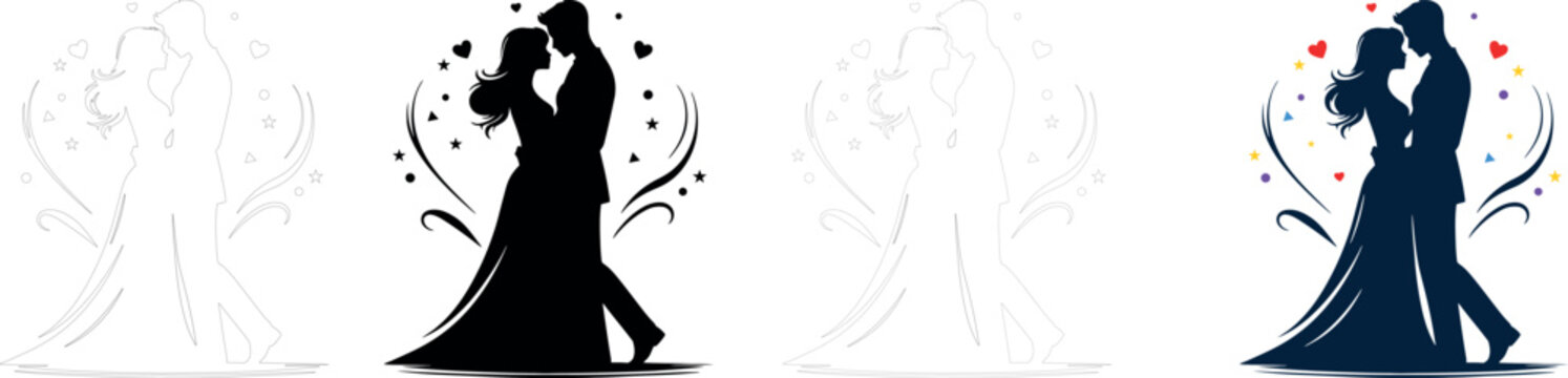 Silhouette of a couple embracing adorned with hearts and stars against a white background affection amorous celebration