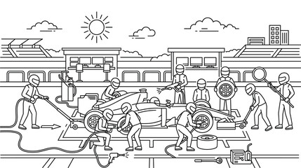 Fototapeta premium Professional formula racing pit stop service scene with mechanics changing wheels in line.