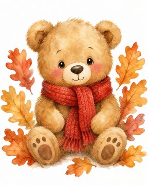Teddy bear sitting comfortably surrounded by colorful autumn oak leaves.