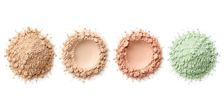 Loose face powder swatches in beige and mint green, cosmetic mineral foundation piles, professional makeup color correcting powders on white background