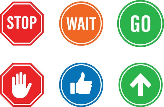 Set of traffic signal icons with stop wait go text and symbols on red orange green blue octagons and circles.