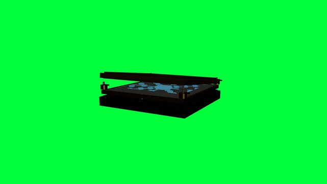 Premium 3D AI processor isolated on green screen, mechanically opening to reveal a precision computational core before activating an internal network and powerful processing pulse.