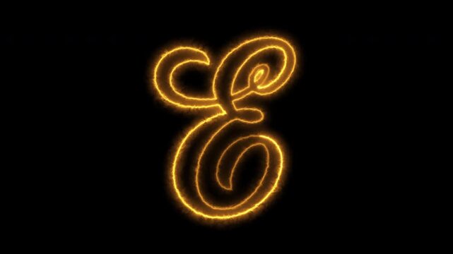 Elegant glowing calligraphy letter E with fiery aura motion on black background.