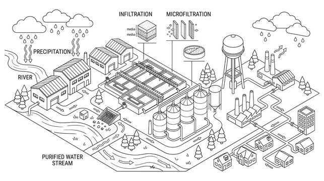 Water purification plant showing precipitation, infiltration, filtration, and distribution.
