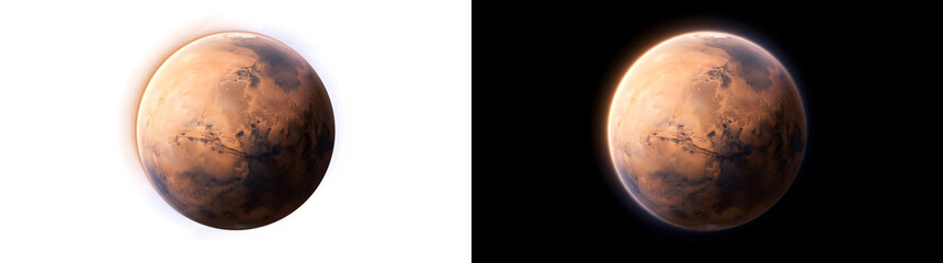 Mars red planet with rusty surface terrain polar ice cap and dark canyon illustration for astronomy education design featuring PNG, Transparent and Black Background Versions © Tanay