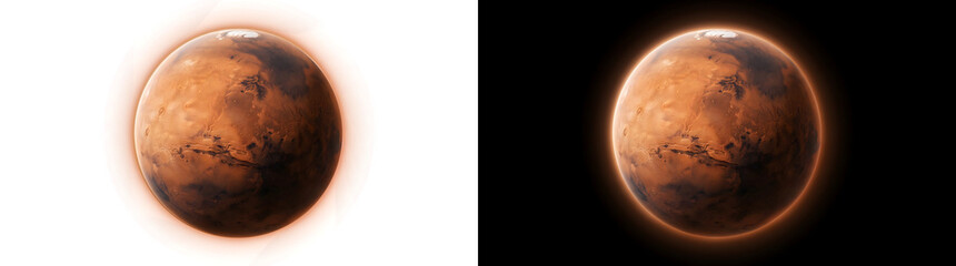Mars red planet with deep canyon system polar ice cap and cratered surface illustration for astronomy education design featuring PNG, Transparent and Black Background Versions © Tanay