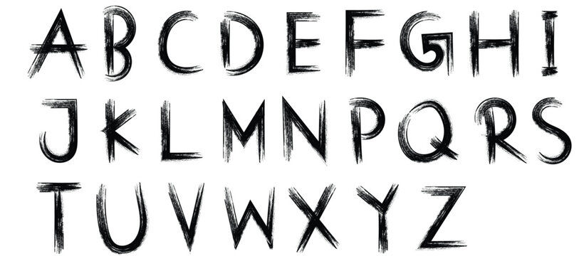 Hand drawn black brush strokes alphabet font set featuring uppercase letters from A to Z with rough textured paint effect for creative typography design. Black ink dirty texture capital letters.