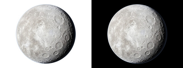 Pale moon with light gray cratered surface bright ridges and rugged terrain illustration for astronomy education design featuring PNG, Transparent and Black Background Versions © Tanay