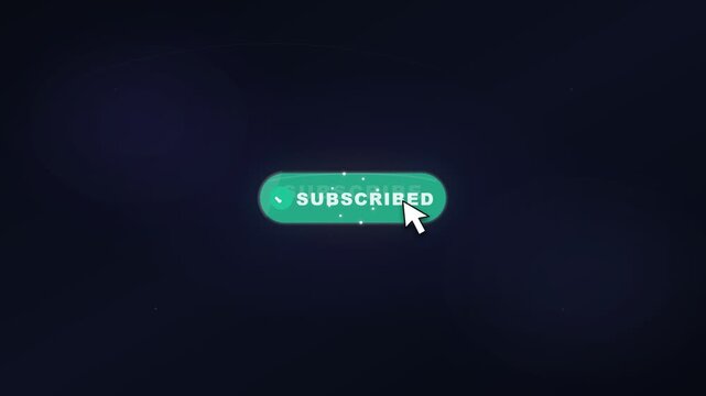 Red subscribe button, clicking motion with white cursor arrow, digital interface element, dark background with cinematic lens flare effect, social media call to action for vlogs and marketing ads