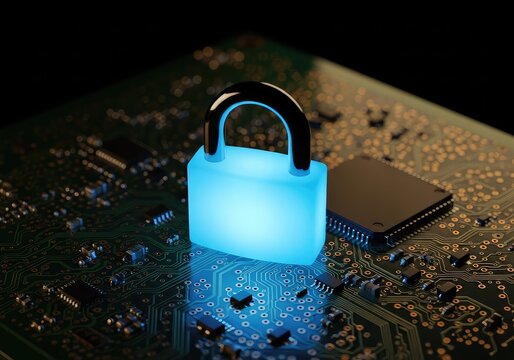 A glowing blue padlock rests on a circuit board, symbolizing strong digital security measures and the implementation of protective protocols, virtual, encryption, cyber