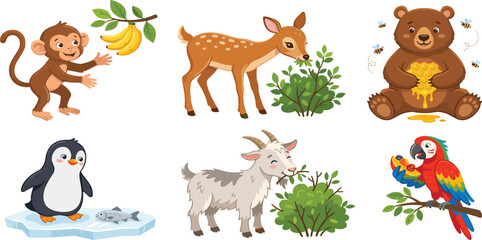 Obraz premium Cute Cartoon Animal Character Collection Featuring Monkey Deer Bear Penguin Goat and Parrot Eating Favorite Foods for Kids Nursery and Nature Cliparts
