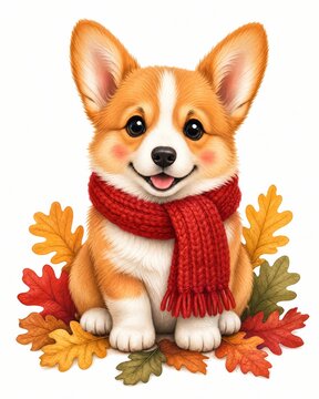 Corgi puppy wearing a cozy red winter scarf surrounded by colorful fall oak leaves on white background.