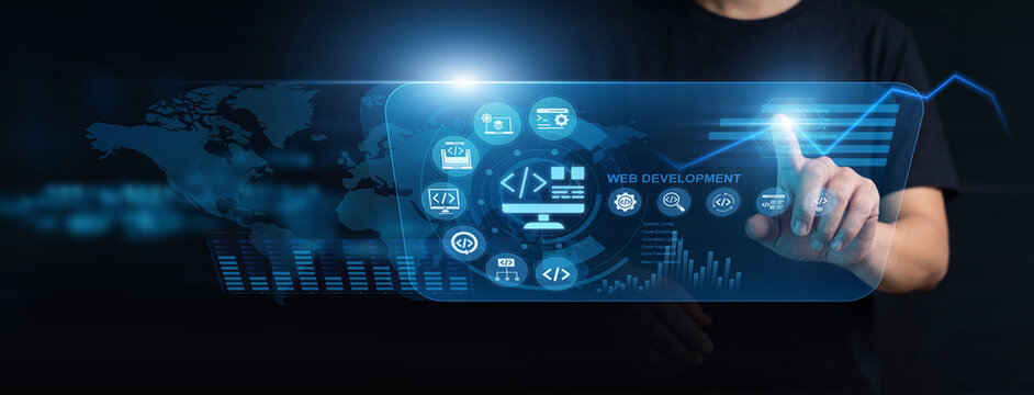 Frontend designer using modern interface for web development. Creative programmer building responsive user layouts, writing clean stylesheets, and optimizing site accessibility parameters.