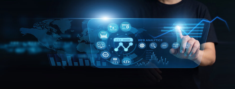 Marketing expert using modern interface for web analytics tracking. Specialist monitoring live traffic metrics, analyzing accurate conversion funnel rates, and optimizing user engagement goals.