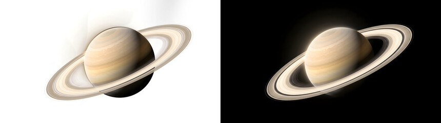 Saturn planet with wide golden rings and swirling gas bands illustration for astronomy education design featuring PNG, Transparent and Black Background Versions © Tanay