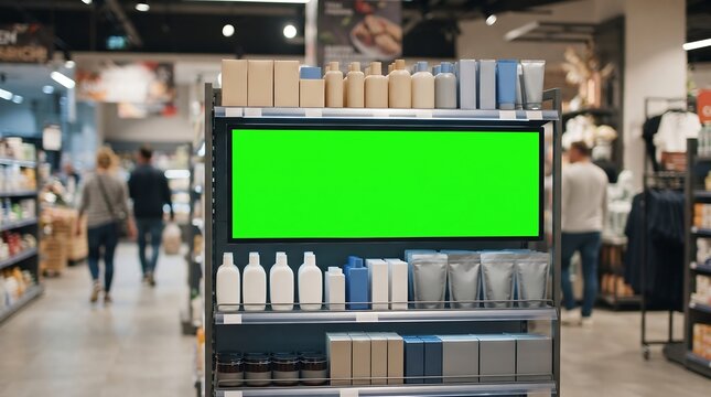 Blank green screen digital display advertisement board placed on a retail shelf in a grocery store