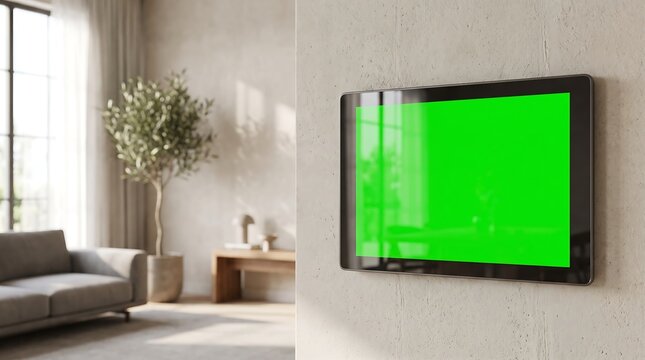 Modern living room interior featuring a large wall mounted television with a blank green screen display