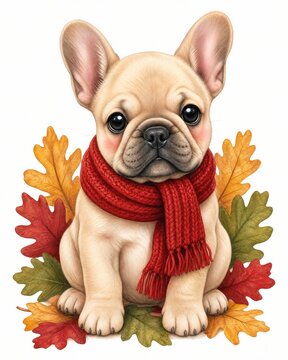 French bulldog puppy wearing a warm red scarf surrounded by scattered autumn leaves.
