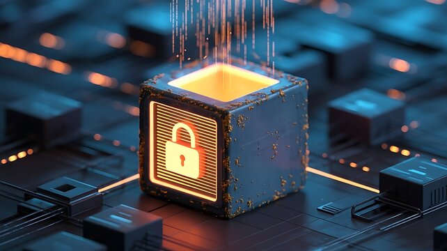 Futuristic digital cube with glowing padlock and data streams representing secure information processing and advanced cybersecurity technology