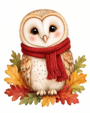 Owl wearing a red knitted scarf and sitting amongst autumn leaves on a white background.