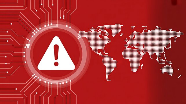 Global cybersecurity alert concept featuring a warning symbol and dotted map on a red electronic circuit board background, for data protection