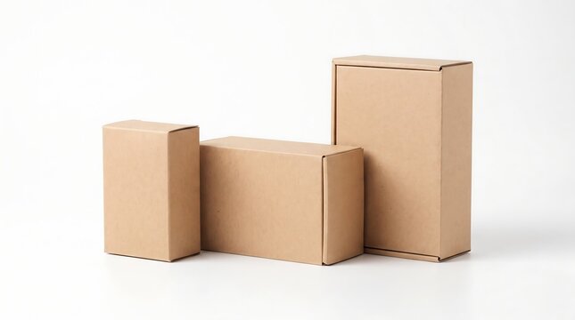 Assortment of cardboard boxes in varying sizes arranged on a white reflective surface