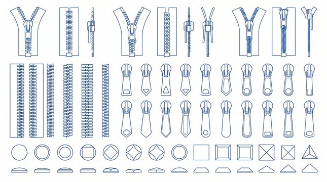 Blue Line Art Zipper Icons Collection with Various Pulls, Teeth Segments, and Metal Studs for Fashion Design and Garment Tailoring