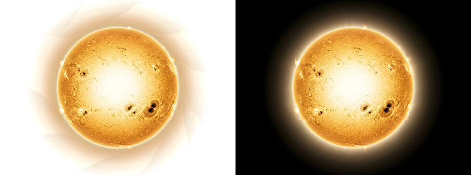 Sun star with bright glowing surface large dark sunspots and fine granulation illustration for astronomy science design featuring PNG, Transparent and Black Background Versions