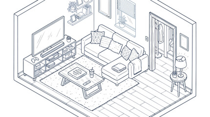 Fototapeta premium Isometric living room illustration with a sectional sofa, tv unit, coffee table, and various decorations in a cozy apartment setting