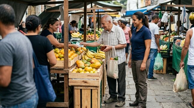 Elderly man buys fresh fruit from a smiling vendor at a bustling outdoor market stall filled with produce