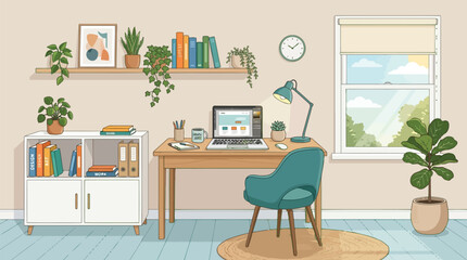 Obraz premium A cozy home office illustration with a wooden desk, laptop, green plants, books, and a window overlooking a sunny sky
