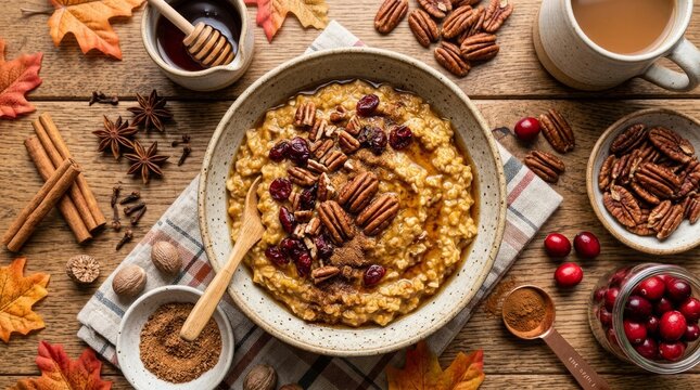 Warm spiced oatmeal topped with pecans dried fruits and spices on rustic wooden table with breakfast