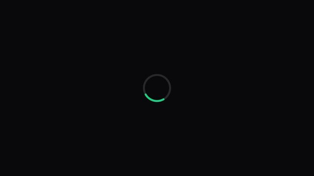 Minimalist green loading spinner animation on 4k black background, progress circle