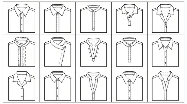 Set of 15 fashion technical sketches illustrating various shirt collar types and necklines for men and women's apparel design.