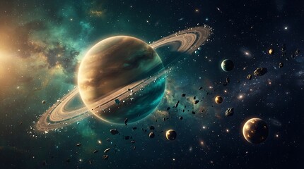 Fototapeta premium Saturn with its iconic rings, surrounded by asteroids and moons in the vastness of space