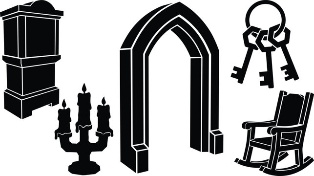 Black isometric vector silhouette icons collection featuring gothic stone archway, vintage wardrobe cabinet, triple candelabra candle holder, old keys keychain, and rocking chair isolated on white.