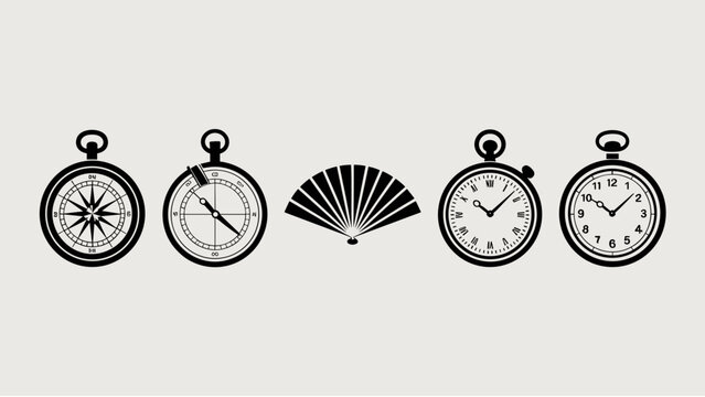Vintage pocket watch, compass, fan, and stopwatch icons in minimalist black and white design