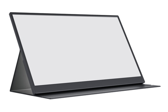 Portable monitor mockup with a sleek black folio case standing at an angle on a transparent background for digital UI design presentations.