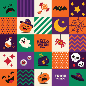 Halloween Pattern with Pumpkins, Bats, Ghosts, Spiders, Candy, Witch Hats and Festive Icons