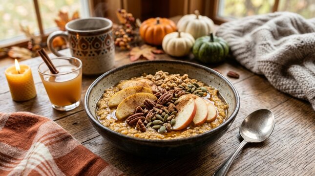 Warm oatmeal bowl topped with apples nuts and spices on rustic wooden table with seeds sits wooden