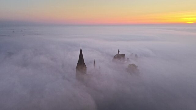 Aerial view of church spire in Kessel, Netherlands.