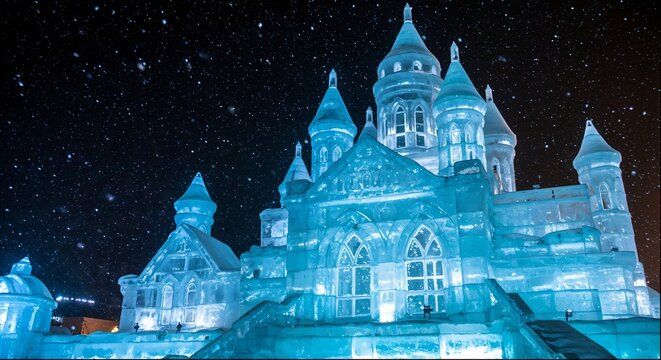 Giant Illuminated Ice Palace at Night in Snowstorm, Blue-Lit Winter Wonderland Starry Sky
