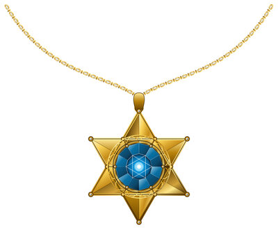 Gold hexagram star necklace pendant with blue crystal gemstone