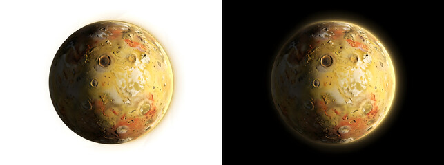 Volcanic moon with sulfur yellow surface orange patches and dark volcanic craters illustration for astronomy education design featuring PNG, Transparent and Black Background Versions © Tanay