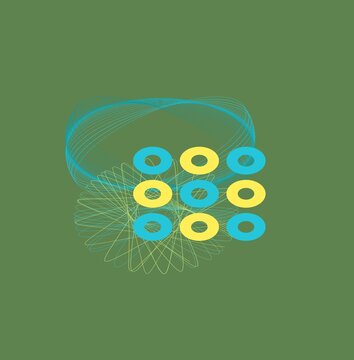 Grid of yellow and cyan rings with overlapping geometric spirograph lines