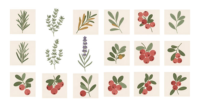 Botanical vector illustrations of fresh herbs and red berries. Includes rosemary, thyme, and lavender. Great for natural food, health, and recipe designs