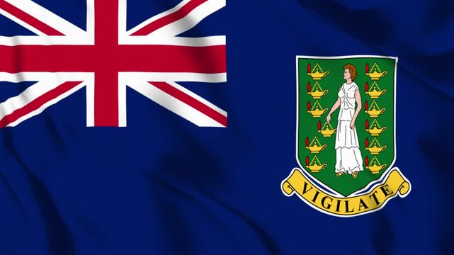 Waving Flag of the British Virgin Islands with Blue Field Union Jack and Coat of Arms Featuring Saint Ursula and Oil Lamps